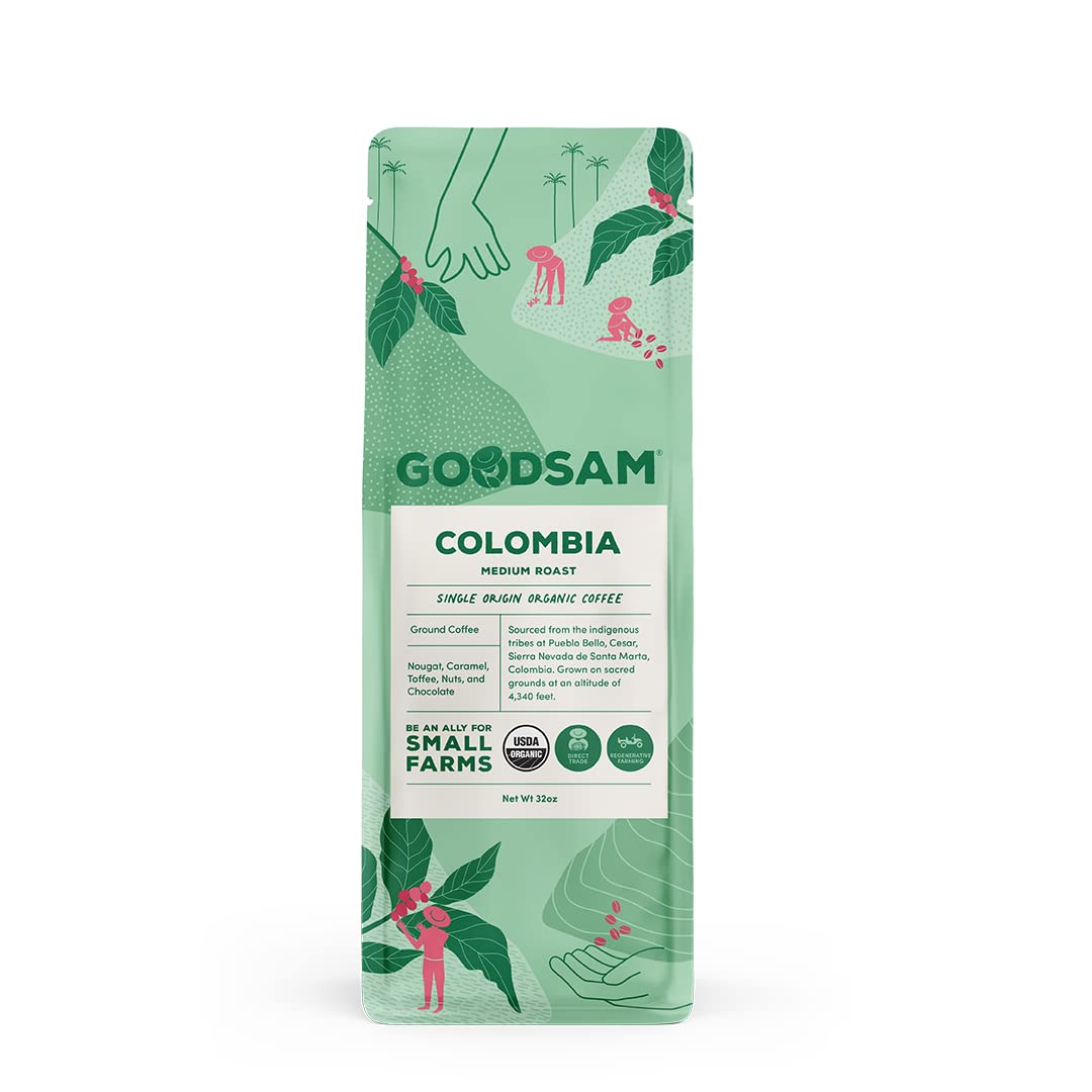 GoodSAM Organic Ground Coffee, Medium Roast , Colombian Single Origin, Non GMO Arabica Beans, Vegan, Keto, Regenerative Farming, Direct Trade