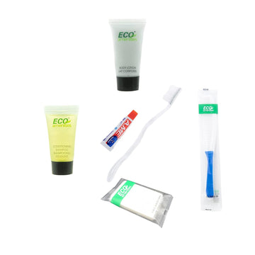 ECO Amenities 6-Piece All-in-Kit-Soap-Body Lotion-Shampoo&Conditioner 2 in 1 -Toothbrush- Toothpaste-Hair Comb- Hotel Trial Size Toiletries Bulk Guest Shower Bath Amenities