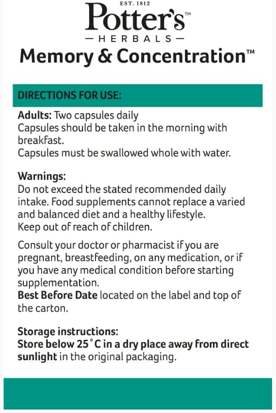 Potter's Herbals Memory & Concentration | Contains Bacopa Monieri | 60