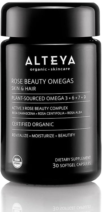 Alteya Organics Beauty Omega 3,6,7 and 9 with Rose Otto Extracts, Supports Beautiful Clear Skin, Fuller Hair and Strong Nails, Skin Beauty from Within Supplement - 30 Capsules