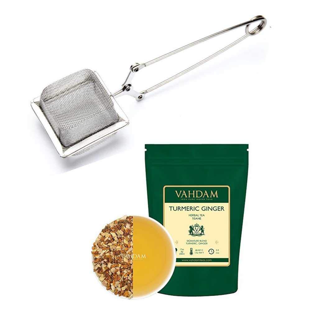 VAHDAM, Turmeric Ginger Herbal Tisane ( 100+ Cups) & Square Tea Infuser- Stainless Steel Infusers for Loose Tea | Best Tea Kit to brew Herbal Detox Tea with Superfood benefits | Eases pain