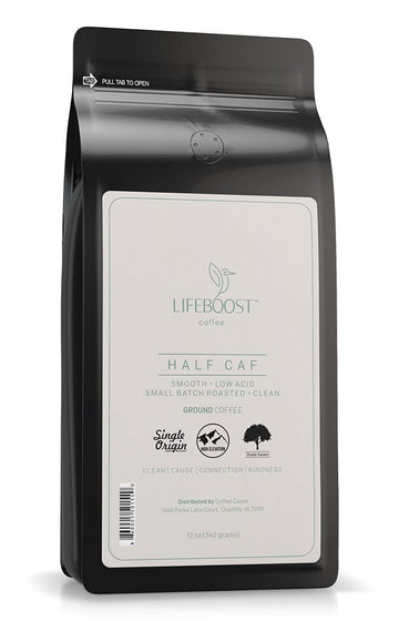 Lifeboost Coffee Half Caff Ground Coffee - Low Acid Single Origin USDA Organic Coffee - Non-GMO Ground Coffee Third Party Tested For Mycotoxins & Pesticides