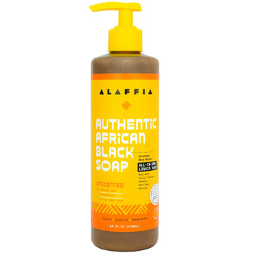 Alaffia Skin Care, Authentic African Black Soap, All in One Liquid Soap, Moisturizing Face Wash, Sensitive Skin Body Wash, Shampoo, Shaving Soap, Shea Butter, Unscented, 16