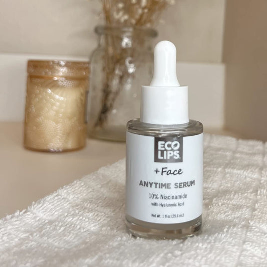 Eco Lips + Face Anytime Niacinamide Facial Serum 1 . glass dropper bottle made by Eco Lips