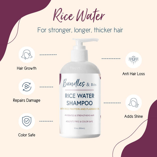 Bundles & Bits Rice Water Shampoo and Conditioner + Hair Growth Serum - Regrowth, Thinning Hair and Anti-Hair Loss - Plant-based, Sulfate Free, For All Hair Types, 3 Piece Set