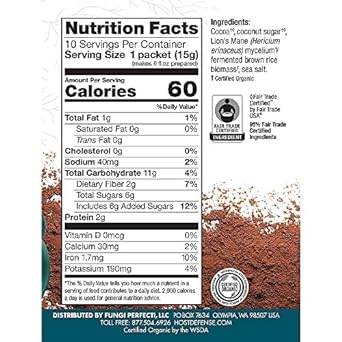 Host Defense, MycoBrew Cocoa Drink Mix, Supports Calm and Relaxation, With Lion’s Mane Mushroom, 5 - 10 Packets (0.5 each)