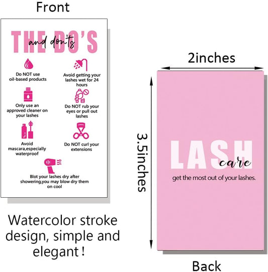 Wanyeer Lash Extension care Instructions Cards, Double Sided Size 3.5 x 2inch inch Business Card Size, After Care Card, Lash Care Card, White with Pink Design 50 Pack, White,Pink