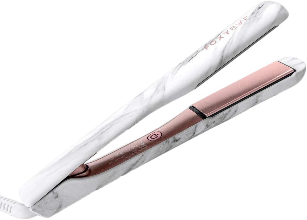 FoxyBae White Marble Rose Gold at Iron - Ceramic Tourmaline Technology - Hair Straightener with Negative Ions - Straightens & Curls Hair - Professional Salon Grade Hair Styling Tool (1")