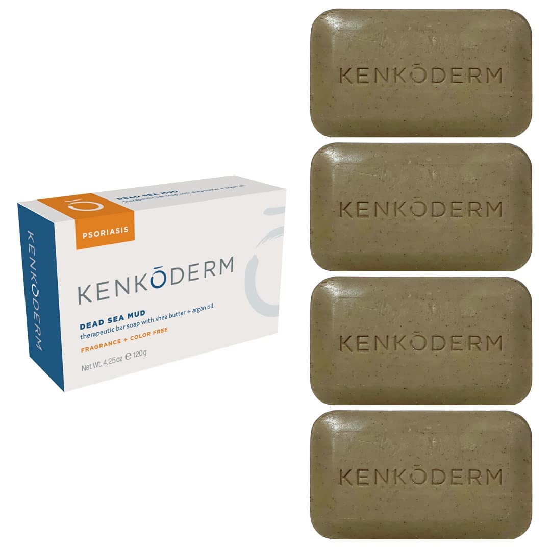 Kenkoderm Psoriasis Dead Sea Mud Soap with Argan Oil & Shea Butter 4.25  | 4 Bars | Dermatologist Developed | Fragrance + Color Free | Eczema, Psoriasis and Rosacea