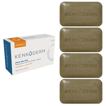 Kenkoderm Psoriasis Dead Sea Mud Soap with Argan Oil & Shea Butter 4.25  | 4 Bars | Dermatologist Developed | Fragrance + Color Free | Eczema, Psoriasis and Rosacea