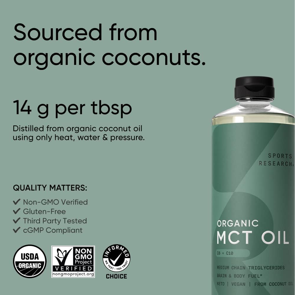 Sports Research Organic MCT Oil - Keto & Vegan MCTs C8, C10 from Cocon