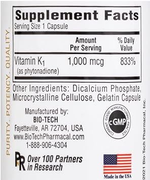 K1-1000 (Vitamin K1) 100 Capsules - 3 Pack - Bio-Tech Pharmacal