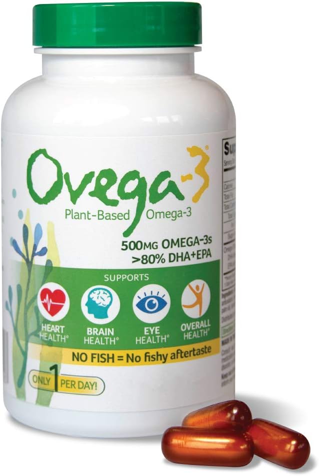 Ovega-3 Vegan Algae Omega-3 Daily Supplement, Supports Heart, Brain & Eye Health*, 500 mg Omega-3s, 135 mg EPA + 270 mg