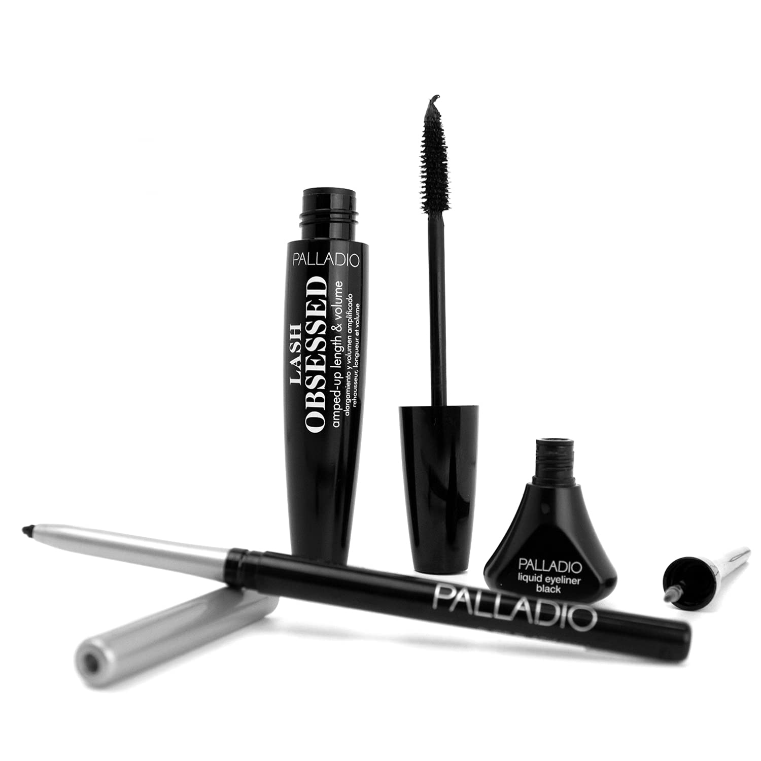 Palladio Ultra Black Eye Makeup Kit, High Pigmented Deep Black Makeup Look, Waterproof Eyeliner, Retractable Eye Liner, Liquid Eyeliner, Extreme Definition Lengthening Mascara, Smudge Proof Bundle