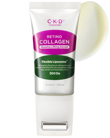 CKD Retino Collagen Small Molecule 300 Guasha Lifting Serum, Puffiness Relief & Firming, Plumping & Cooling Gel Formula with Stainless Steel Roller Massager, 1.69 .