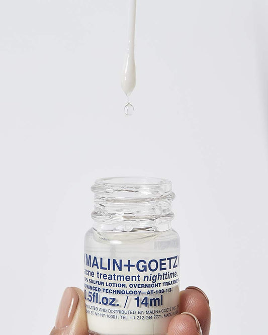 Malin + Goetz Acne Treatment Nighttime overnight spot-treatment, treats blemishes without drying skin. calms skin, fights impurities, prevents signs of scarring. all skin types, vegan, 0.5