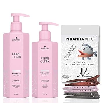 Fibre Clinix Tribond Vibrancy Shampoo 10.1 , Fibre Clinix Tribond Vibrancy Conditioner 8.5  and M Hair Designs Piranha Clips (Bundle 3 items)