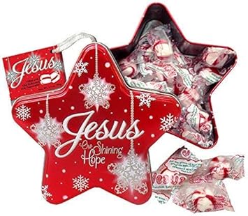Scripture Candy, Jesus Our Shining Hope Red Ornament Star Tin With Old-Fashioned Soft Peppermint