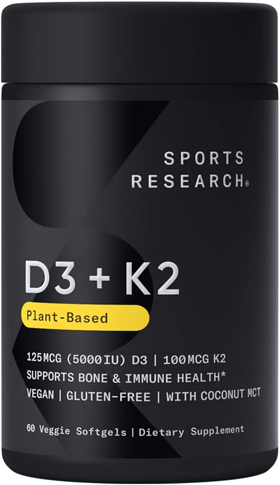 Sports Research Vitamin D3 + K2 With 5000Iu Of Plant-Based D3 & 100Mcg Of Vitamin K2 As Mk-7 Non-Gmo Verified & Vegan Ce
