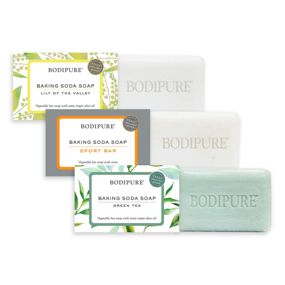 BODIPURE Baking Soda Bar Soap - Refreshing and Nourishing Soap Bar For Face and Body - With Olive Oil and Baking Soda - Green Tea, Lily of the Valley and Sport Mint, 4.4 s, 3 Bars