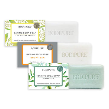 BODIPURE Baking Soda Bar Soap - Refreshing and Nourishing Soap Bar For Face and Body - With Olive Oil and Baking Soda - Green Tea, Lily of the Valley and Sport Mint, 4.4 s, 3 Bars