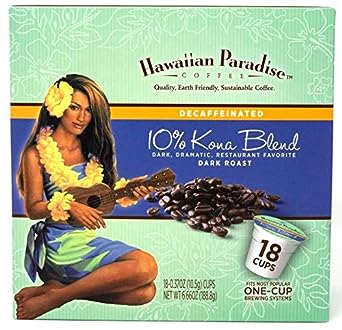 Hawaiian Paradise Coffee 10% Kona Dark Roast Decaffeinated -18 Count Single Serve Cups - Dark & Bold Flavor - Decaf - Compatible with Keurig K-Cup Brewers