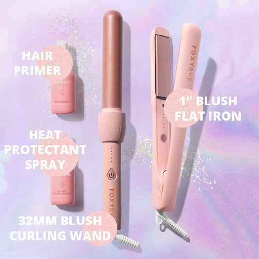 FoxyBae Summer Essentials Gift Set - The Classic - 1" Blush at Iron, 32mm Blush Curling Wand, Heat Protectant Spray, & Hair Primer