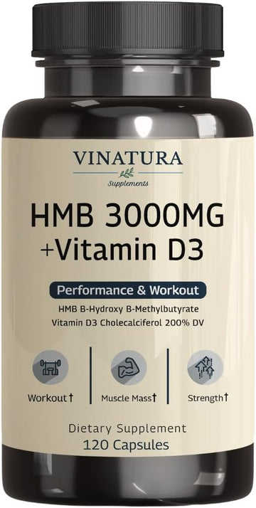 VINATURA HMB 3000mg and Vitamin D3 Supplement Capsules per Serving *USA Made & Tested* Promotes Muscle Growth & Recovery