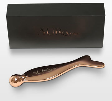 Aura Edge 2023 Gua Sha Facial Tool + Roller | Face Sculpting Tool | Lift Face & Chin | Manual Lymphatic Drainage | Reduce Puffiness | Relieve Facial Tension for Men & Women | Rose Gold