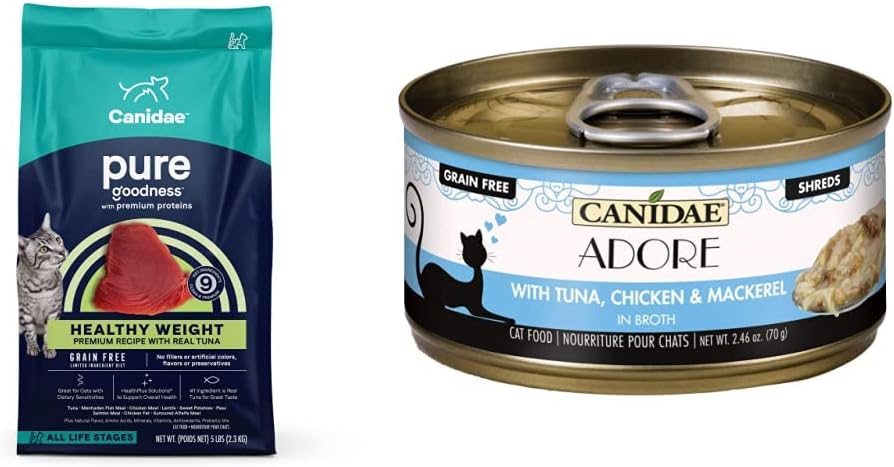 CANIDAE Premium Dry Cat Food and Wet Cat Food Bundle, Healthy Weight Tuna Recipe- 5 Pound Bag, Shreds with Tuna, Chicken