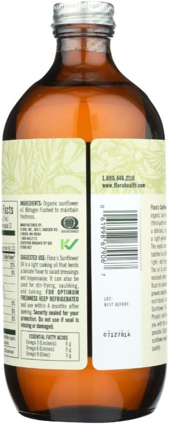 Flora Organic Sunflower Oil - Cold Pressed & Unrefined 17 Oz - Great for Skin, Cooking & More - Pure Non-GMO