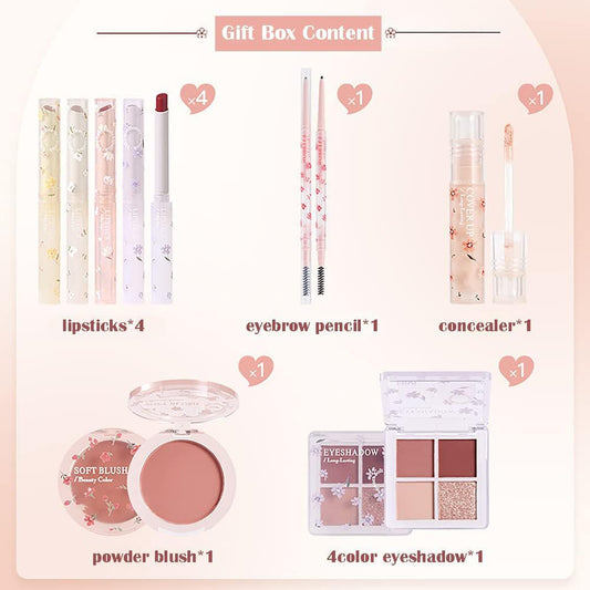 Makeup Kit for Women 8 Pieces Makeup Sets, 4 Color Lipsticks& Eyeshadow, Eyebrow Pencil, Concealer, Blush Palette 8Pcs Gift Box Makeup Bundle Value Set