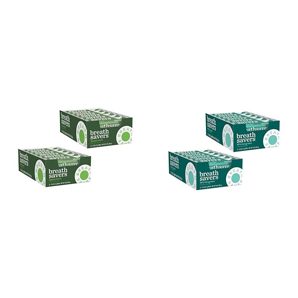 BREATH SAVERS Sugar Free Mints, Spearmint, 0.75 Ounce Roll (Pack of 24) & Sugar Free Mints, Wintergreen, 0.75 Ounce Roll