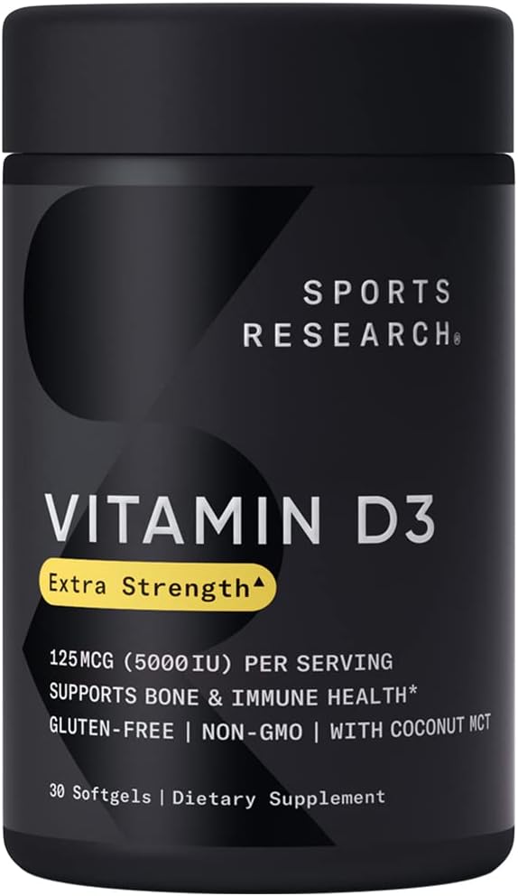 Sports Research Vitamin D3 5000 Iu With Coconut Mct Oil - High Potency Vitamin D Supplement For Immune & Bone Support - Non-Gmo Verified, Gluten & Soy Free – 125Mcg