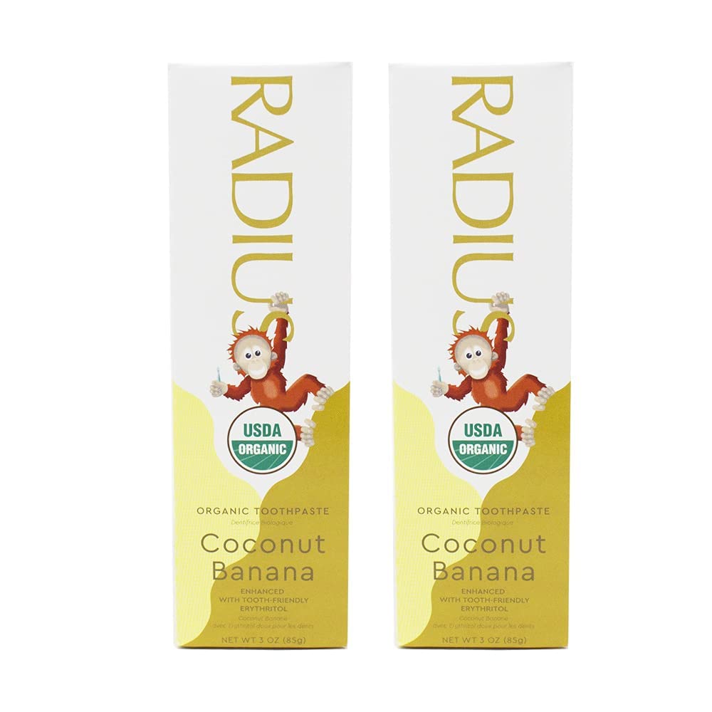 RADIUS USDA Organic Kids Toothpaste 3 Non Toxic Chemical-Free Gluten-Free Designed to Improve Gum Health for Children's 6 Months and Up - Coconut Banana - Pack of 2