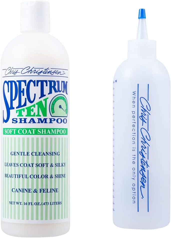 Chris Christensen Applicator Measuring Bottle and Shampoo Concentrate Bundle- Applicator Measuring Bottle, 20mm Increments + Spectrum Ten Shampoo Concentrate 16, Moisturize Dry Coats