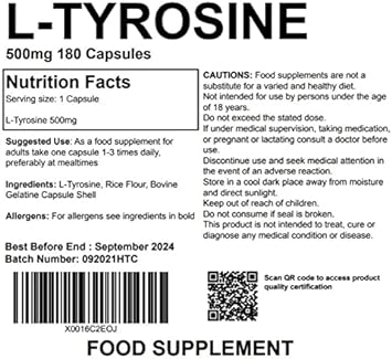 L-Tyrosine 500mg Supplement 180 Capsules. Pharmaceutical Grade

