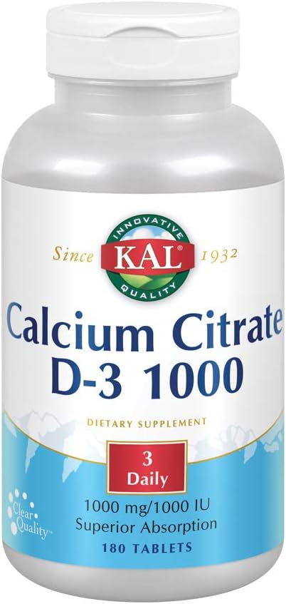 KAL Calcium Citrate with D 1000 IU Tablets, 1000 mg, 180 Count