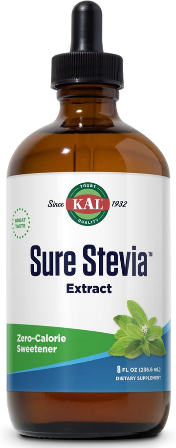 KAL Sure Stevia Extract Zero Calorie Sweetener, Low Carb, Plant Based Liq Stevia Drops, Great Taste, Zero Sugar, Low Glycemic & Perfect for a Keto Diet, 60-Day Guarantee, Approx. 1555 Servings, 8