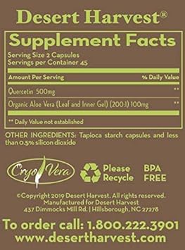 Desert Harvest Quercetin Supplement, 500 mg, 90 Capsules with Aloe Ver