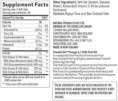 Xtend-Life Omega 3/DHA Fish Oil 1100mg (700mg DHA), Omega 3 Supplement for Heart, Brain & Joint, 60 Soft Gels