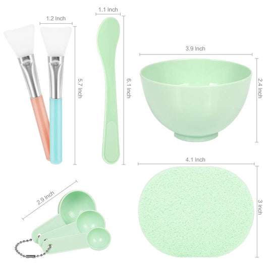 Teenitor Facial Mask Mixing Bowl Set, DIY Facemask Mixing Tool Kit with Silicon Face Mask Brush Facial Mask Bowl Stick Spatula Gauges Puff, Pack of 8, Green