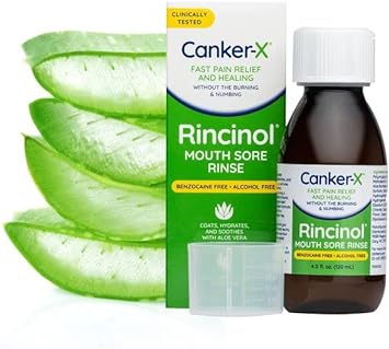 Canker-X Rincinol Oral Rinse Mouthwash, Quick Pain Relief from Canker Sores, Mouth Burns & More, Benzocaine Free & Alcohol Free Mouthwash, Adults & Children 6+ Years, Kids Mouthwash, 4.0 .