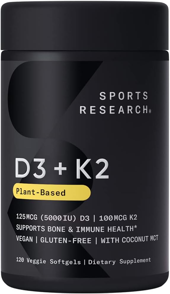 Sports Research® Vitamin D3 + K2 With Coconut Mct Oil | Vegan D3 5000 Iu With K2 100 Mcg For Bone & Immune Health | Vegan Certified, Soy & Gluten Free - 120 Softgels