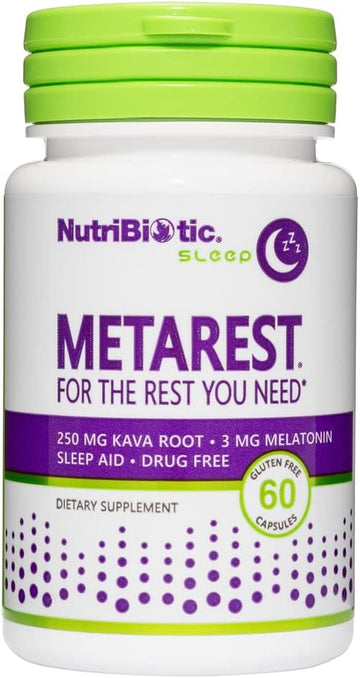 NutriBiotic ? MetaRest, 60 Capsules | 3 Mg Melatonin & 250 Mg Kava Root to Support Restful Sleep | Highly Absorbable Drug-Free Sleep Support | Gluten-Free & Made Without GMOs or Preservatives