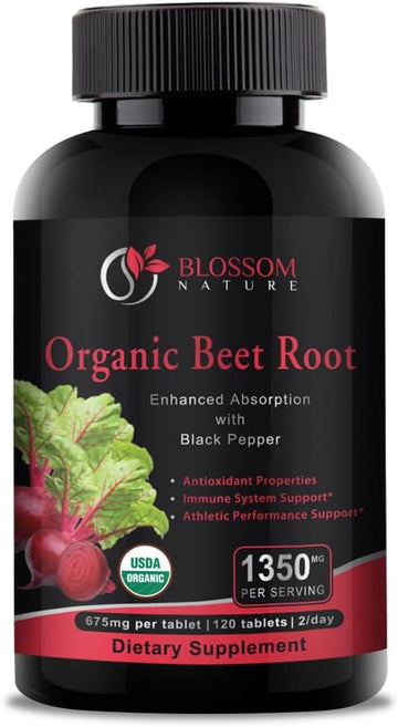 Organic Beet Root Powder 1350mg with Black Pepper-Nitric Oxide Booster, Digestive System, Athletic Performance-120 Table