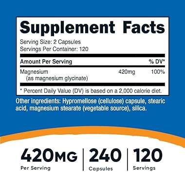 Nutricost Magnesium Glycinate 420mg, 240 Capsules - 120 Servings, Non-GMO, Gluten Free, Vegetarian Friendly