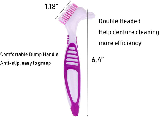 EvaGO 3 Pcs Denture Cleaning Brush with Multi-Layered Bristles and Ergonomic Rubber Handle Portable Denture Brush Double Sided Brush for False Teeth Cleaning (Blue, Purple, Orange)