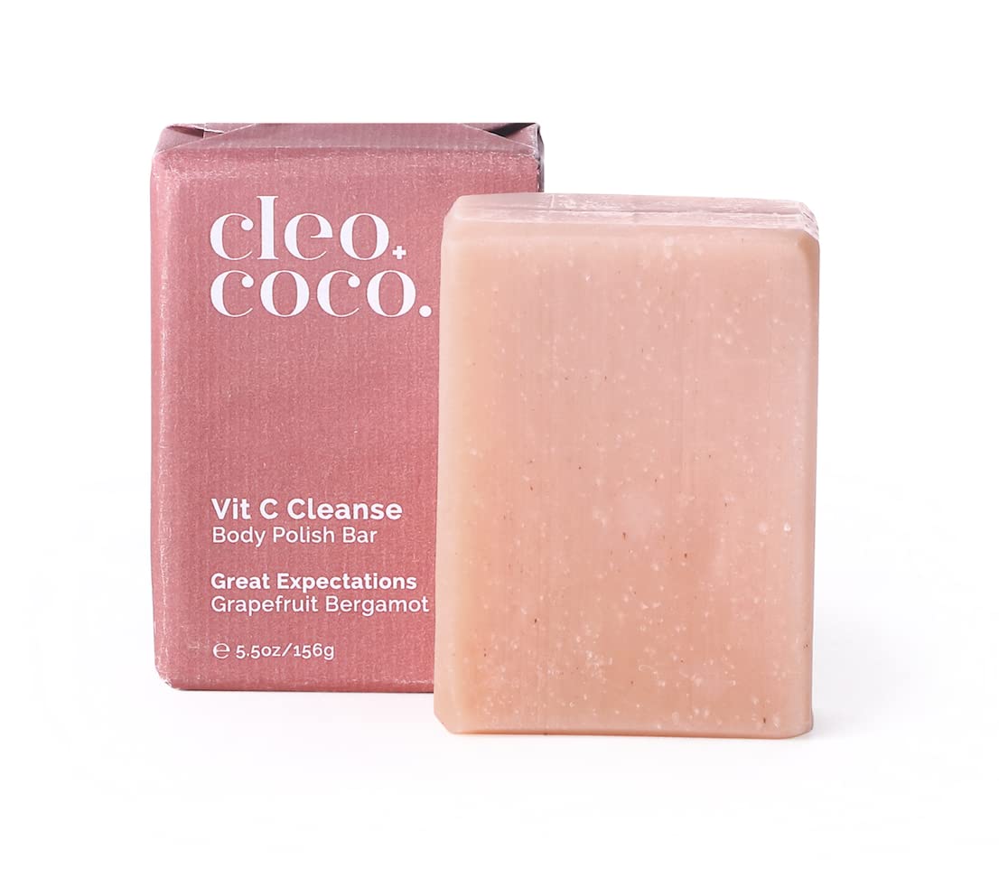 Cleo+Coco Cleanse Bar, Vitamin C Body Cleansing Soap Bar, Zero Waste Packaging, Body Polish Bar, Aluminum Free, All Skin Types Including Acne, Eczema, Psoriasis, Made in USA – Grapefruit Bergamot Scent 5.5