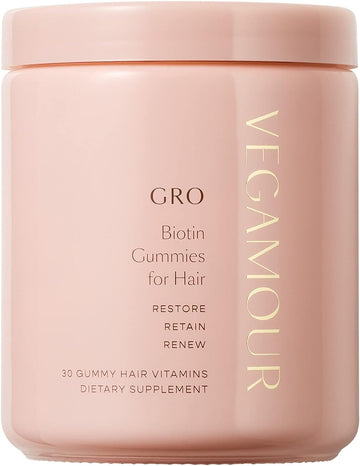 VEGAMOUR GRO Biotin Gummies, Strawberry Flavor with 5000 mcg Biotin, Supports Healthy Hair Vegan Gummies with Vitamins A